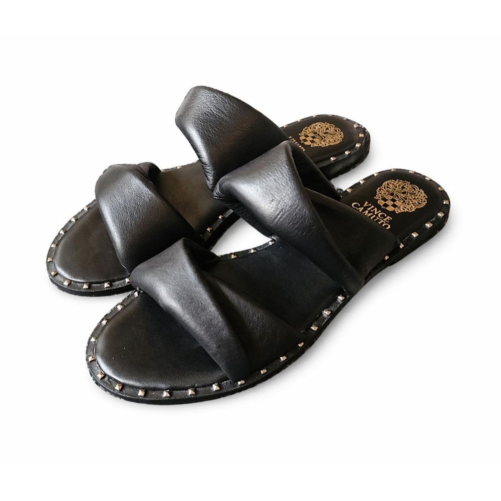 Vince Camuto Women's 6.5 Black Leather Studded Slide Sandals Slip On